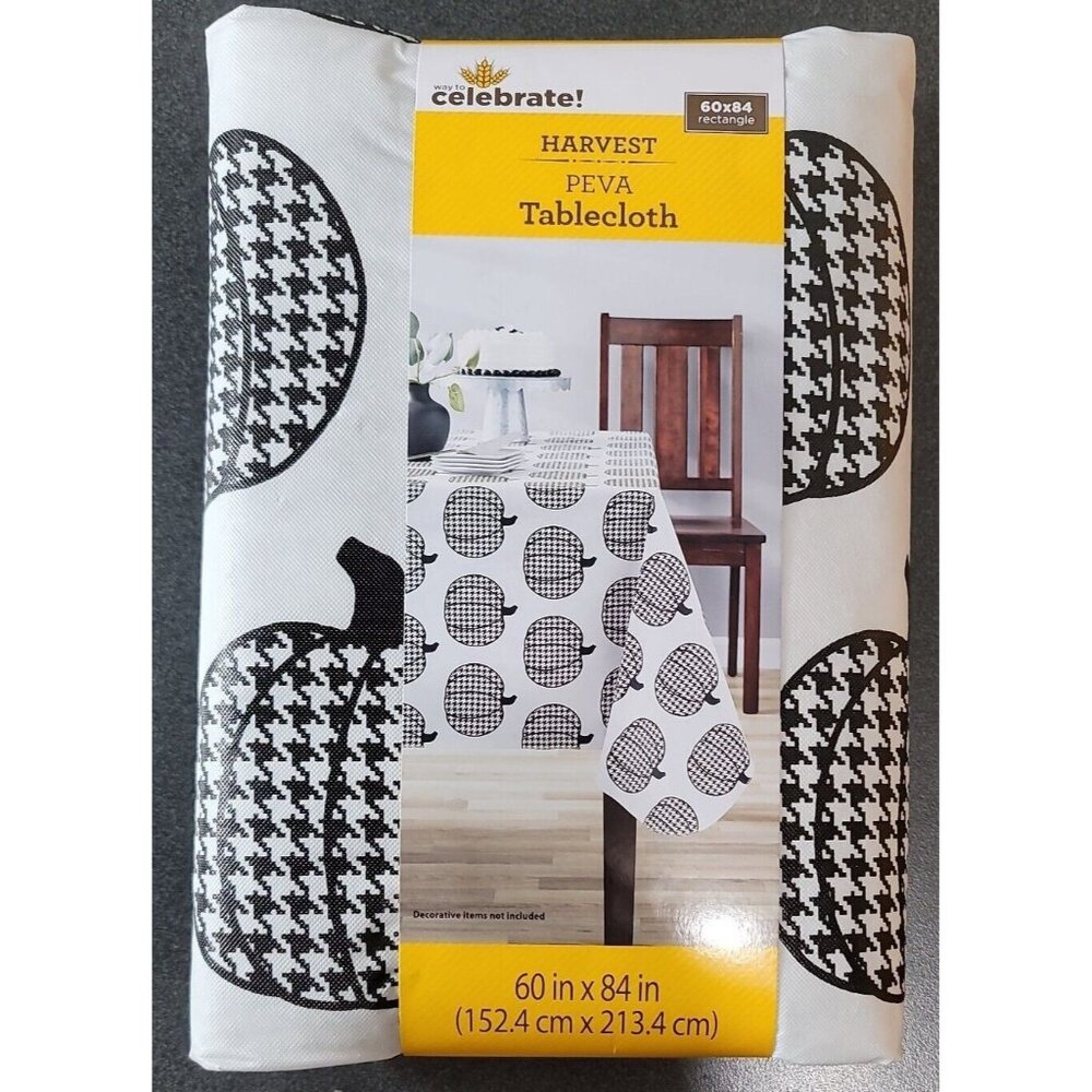 Hounds Tooth Plaid Pumpkins Fall Rectangle Tablecloth 60 x 84 Harvest PEVA NEW